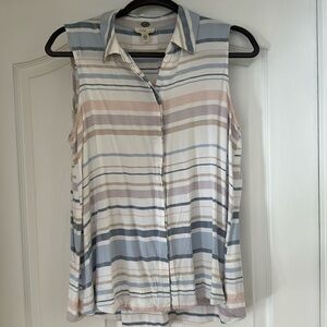 cupio rayon tank blouse, tan, white, light blue, mauve and peach striped. Cute!